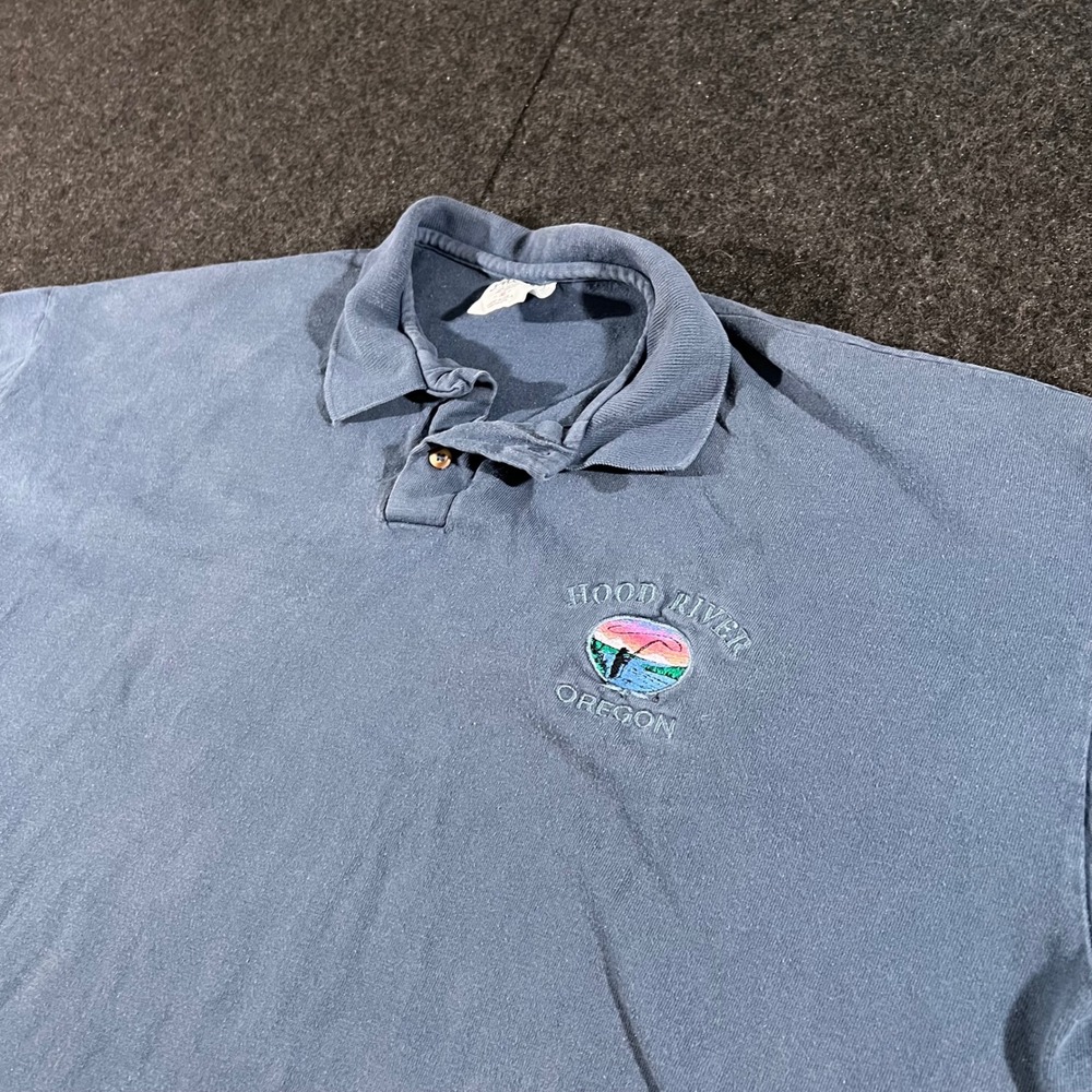 San Segal Hood River Oregon Polo Shirt Mens XL Blue Vintage 90s Fishing Gorpcore